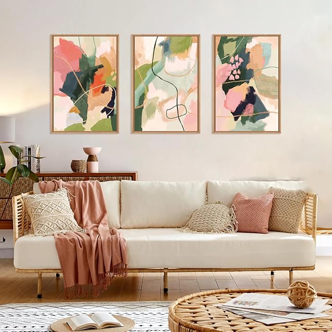 Colorful Abstract Framed Canvas Wall Art Set,Modern Multicolor Pastel Minimalist Line Wall Decor,Boho Green and Pink Painting for Living Room,Bedroom-16 x24 x3
