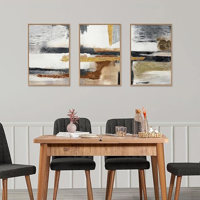 Modern Abstract Framed Canvas Wall Art Set, Neutral Textured Wall Decor, Boho Minimalist Gold and Gray Wall Painting for Living Room, Bedroom, Dining Room, Office - 24" x36" x3