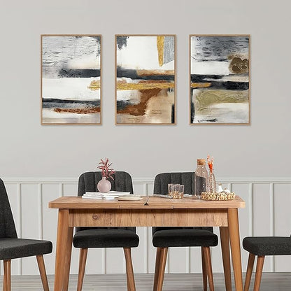 Modern Abstract Framed Canvas Wall Art Set, Neutral Textured Wall Decor, Boho Minimalist Gold and Gray Wall Painting for Living Room, Bedroom, Dining Room, Office - 24" x36" x3