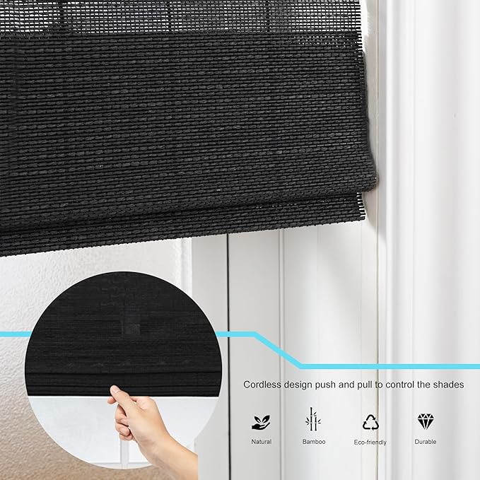 Motorized Bamboo Roman Shades, Motorized Blinds with Remote Compatible with Homekit, Alexa GoogleHome, Smart Wood Woven Shades for Indoor Windows, Customize, Carbon Shade
