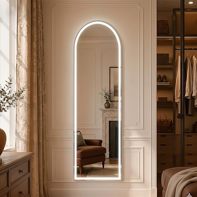 Arched Full Length Mirror with LED Lights, 60"x16" LED Floor Mirror with Stand, Body Floor Mirrors with Dimming & 3 Color Lighting, Wall Mounted LED Mirrors for Bedroom, Dressing Room, Cloakroom
