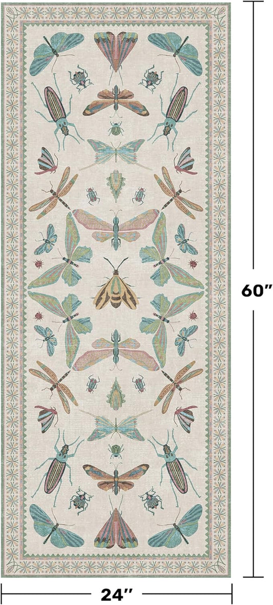 Hazo Haus Washable Non Slip Bathroom Runner Rug 2x5, Insect Boho Bath Mat, Stain Resistant Low Pile Butterfly Insect Print Rugs for Laundry Room, Powder Room, Beige Green
