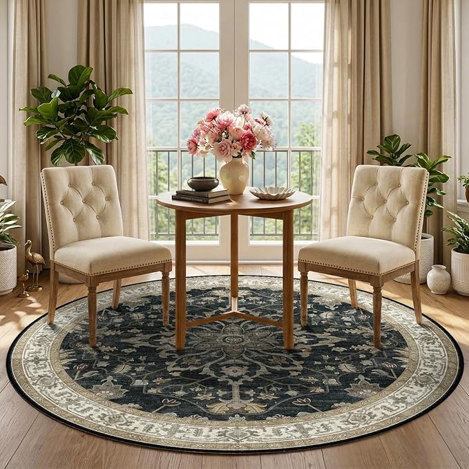 RELEANY Area Rugs Round 5ft Washable Non-Slip, Floral Vintage Distress Print Pattern Medallion Carpet for Living Room Bedroom Dining Room, Vintage Black Brown Neutral