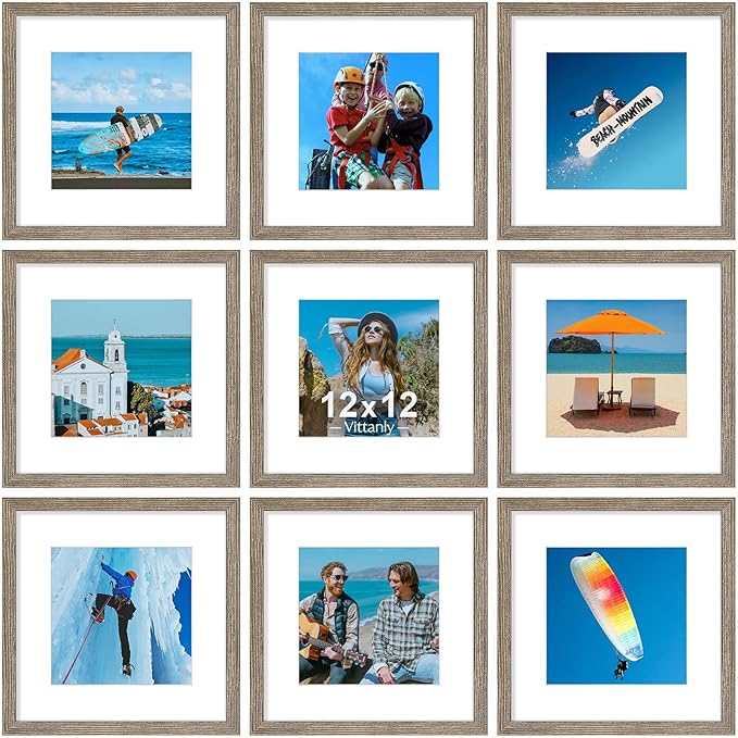 Vittanly 12x12 Picture Frames Set of 9, Display 8x8 Pictures with Mat or 12x12 without Mat, Photo Frames for Wall Mount, Engineered Wood, Grayish Brown