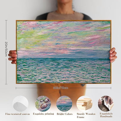 crmotu Framed Canvas Wall Art, Ocean Sunset Vintage Landscape Painting, Sea Dusk Aesthetic Art Prints, Abstract Nature Pictures Wall Decor Living Room Bathroom Bedroom Farmhouse Office Artwork 20x30in