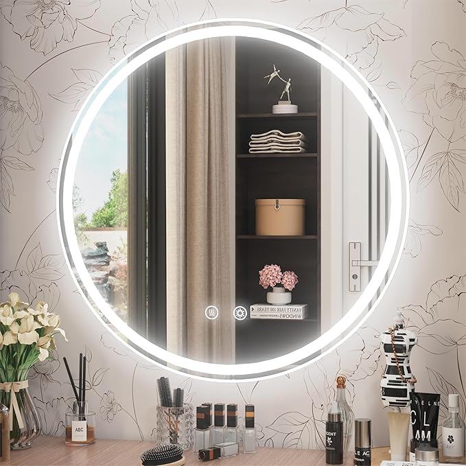 28 Inch Round LED Bathroom Mirror with Light, 6000K Dimmable Front & Backlit, Anti-Fog, Memory, CRI 90+, Frameless Round Vanity Mirror with Lights