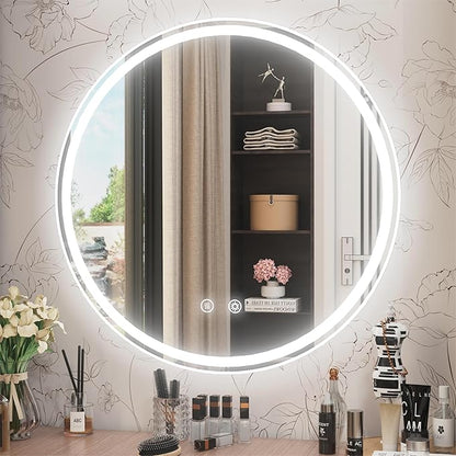 28 Inch Round LED Bathroom Mirror with Light, 6000K Dimmable Front & Backlit, Anti-Fog, Memory, CRI 90+, Frameless Round Vanity Mirror with Lights