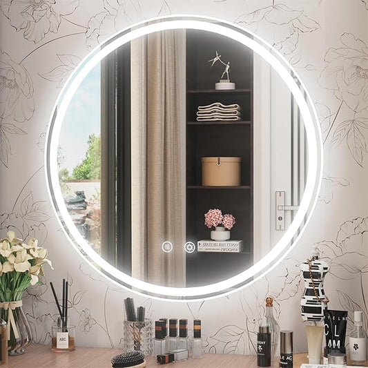 28 Inch Round LED Bathroom Mirror with Light, 6000K Dimmable Front & Backlit, Anti-Fog, Memory, CRI 90+, Frameless Round Vanity Mirror with Lights