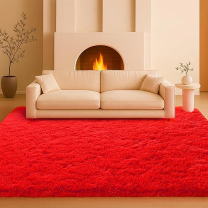 8x10 Area Rugs Living Room, Large Plush Fluffy Bedroom Carpet, Non-Slip Upgraded Indoor Thick Soft Rug, Modern Plush Carpet Suitable for Kids Home Decor Aesthetics Dorm, Red.