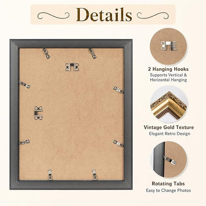 JCJMY 11x14 Vintage Picture Frame with 8x10 Mat Set of 4, Elegant Retro 11 by 14 Photo Frame with Shatter-Resistant Plexiglass for Wall Hanging, Gallery Decor & Gift, Gold, 4 Pack