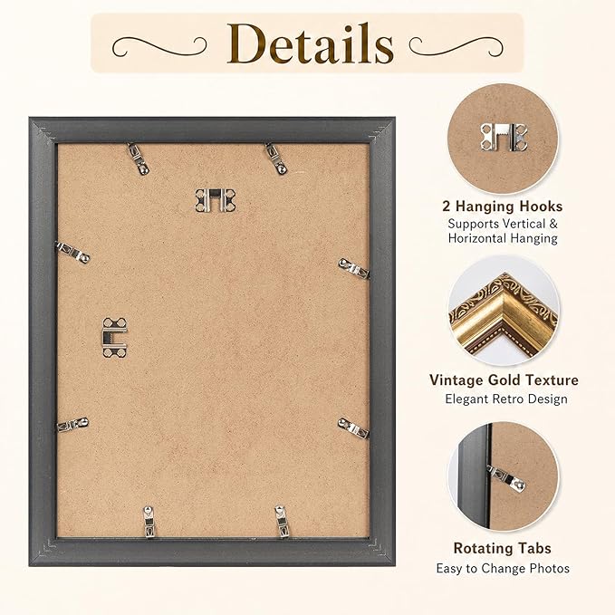 JCJMY 11x14 Vintage Picture Frame with 8x10 Mat Set of 2, Elegant Retro 11 by 14 Photo Frame with Shatter-Resistant Plexiglass for Wall Hanging, Gallery Decor & Gift, Gold, 2 Pack