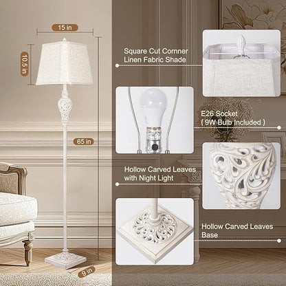 LuxSight Collection Floor Lamp for Living Room, Vintage Standing Lamp with Nightlight, 65" Tall Lamp with White Linen Shade, Farmhouse Rustic Floor Lamp for Bedroom, Office, Corner (LED Bulb Included)