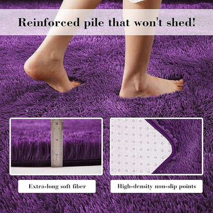 Purple Fluffy Rug Shag Area Rug, 9x12 Area Rugs for Girls Bedroom, Big Soft Shag Bedside Non-Slip Plush Dorm Nursery Kids Carpet Home Decor Aesthetic