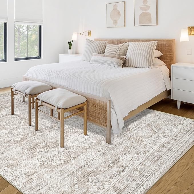 Area Rug 3x5 Geometric Rug: Washable Boho Moroccan Rugs Soft Farmhouse Rug, Modern Neutral Stain Resistant Indoor Floor Carpet for Livingroom Bedroom Dining Table Nursery(Ivory Mocha,3'x5')