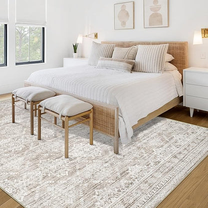 Area Rug 3x5 Geometric Rug: Washable Boho Moroccan Rugs Soft Farmhouse Rug, Modern Neutral Stain Resistant Indoor Floor Carpet for Livingroom Bedroom Dining Table Nursery(Ivory Mocha,3'x5')