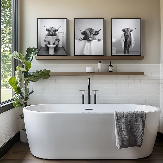 Black Wood Framed Funny Bathroom Highland Cow Wall Art, Black and White Cute Cow Animal Canvas Wall Decor Paintings Set of 3, Vintage Rustic Farmhouse Posters Prints for Bathroom Restroom 12x16 Inch