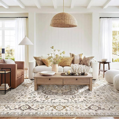 Area Rug for Living Room - 8x10 Soft Washable Oriental Vintage Floral Distressed Large Carpet - Fade Stain Resistant Non Slip Rugs for Bedroom Dining Room Nursery Dorm Office Home Decor-Camel/Beige