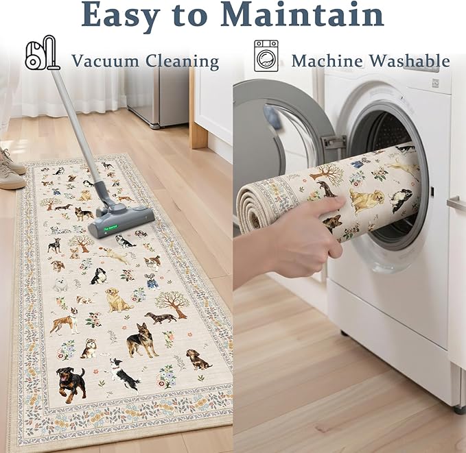 Dog Rug Runner for Entryway, 2x4 Washable Kitchen Mat Ultra-Thin Soft, Non-Slip Indoor Door Carpet Stain Resistant Boho Small Low-Pile Throw for Bathroom Bedroom, Beige