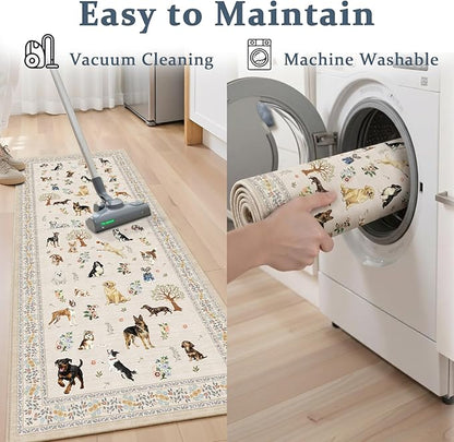 Dog Rug Runner for Entryway, 2x4 Washable Kitchen Mat Ultra-Thin Soft, Non-Slip Indoor Door Carpet Stain Resistant Boho Small Low-Pile Throw for Bathroom Bedroom, Beige