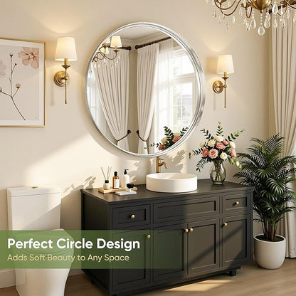 Round Bathroom Mirror, 30 Inch Silver Circle Mirror with Metal Deep Frame, Round Mirrors for Wall Decor, Vanity, Entryway, Living Room