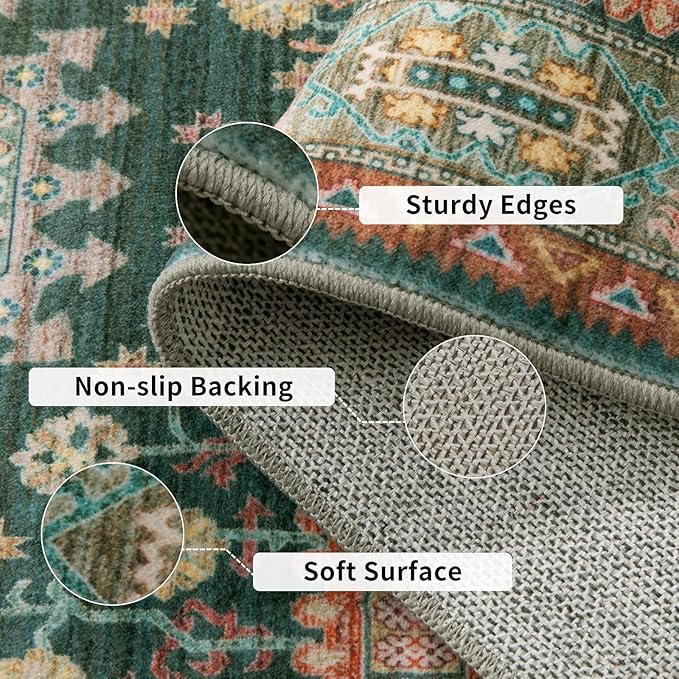Tangsoo Vintage 2x6 Washable Runner Rug for Hallways,Non-Slip Rubber Backing Mat Yellow Green Multi Geometric Soft Low Pile Long Rug Runner for Kitchen Bedroom Entryway Laundry