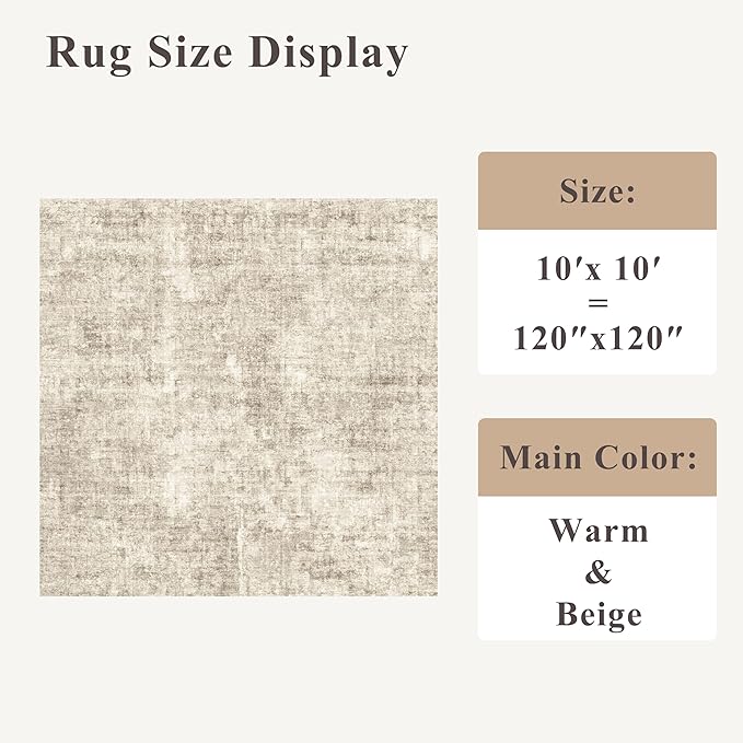 10x10 ft Square Living Room Rug – Washable Modern Abstract Area Rug for Bedroom, Dining Room, Playroom – Neutral Non-Slip Low-Pile Thin Indoor Carpet (Warm Beige)