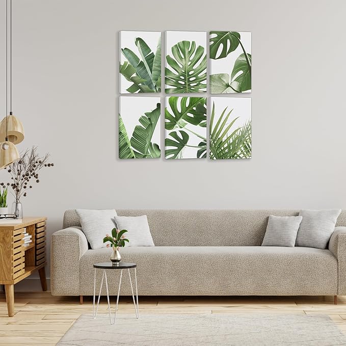 HoozGee Framed Botanical Wall Art Prints Built-in Wooden Frame Tropical Leaves Canvas Plant Leaf Boho Pictures Green Art Posters for Bedroom Living Room (24"x36" FRAMED)