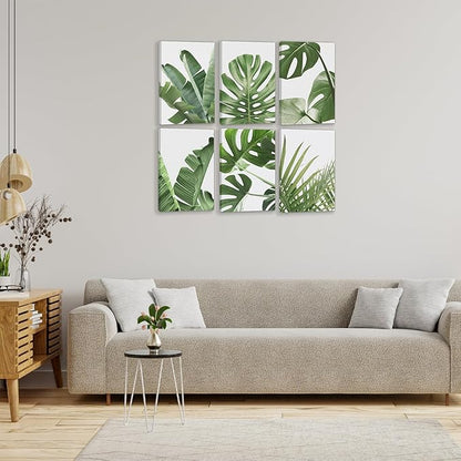 HoozGee Framed Botanical Wall Art Prints Built-in Wooden Frame Tropical Leaves Canvas Plant Leaf Boho Pictures Green Art Posters for Bedroom Living Room (24"x36" FRAMED)
