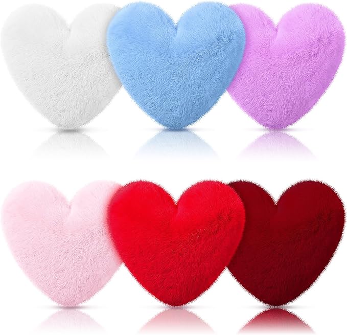 Liliful 6 Pcs Faux Rabbit Fur Heart Pillows Fluffy Heart Throw Pillows Cute Couch Cushion Soft Decorative Throw Cushion for Bed Sofa Girls Women(12 x 11 Inch,Cute Color)