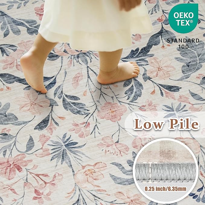 8x10 Area Rugs Washable Rug: Lagre Boho Living Room Rug Soft Non-Slip Thin Carpet Indoor Floor Non-Shedding Neutral Floral Carpets for Bedroom Dining Room Farmhouse Nursery Multi