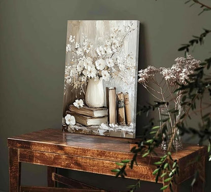 Vintage Books Canvas Wall Art Farmhouse Rustic Floral Painting Picture Wall Decor Still Life Flowers Poster Print Artwork for Countryside Farmhouse Library Gallery Living Room Home Decoration