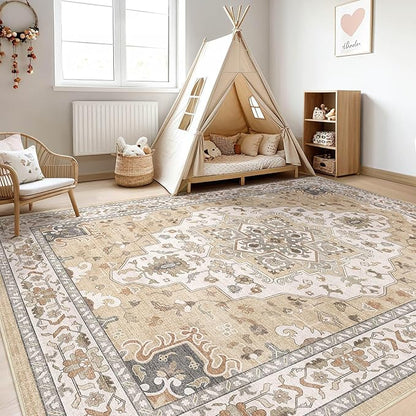 7x9 Area Rug Living Room: Washable Boho Large Neutral Vintage Soft Rug Stain Resistant Farmhouse Non-Slip Indoor Floor Retro Carpet for Bedroom Nursery Kids Office Dining Room- Sand Gray
