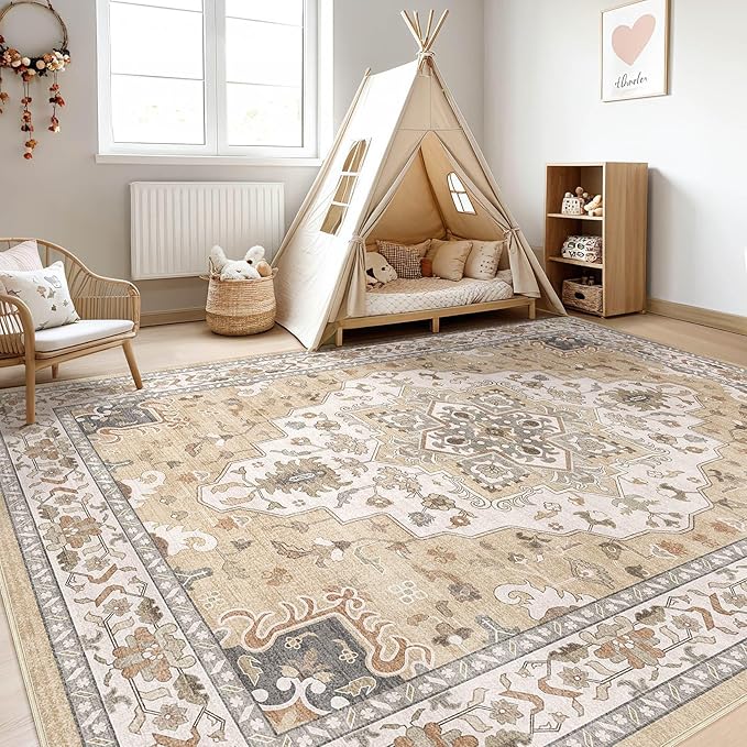 8x10 Area Rugs Living Room: Washable Boho Large Neutral Vintage Soft Rug Stain Resistant Farmhouse Non-Slip Indoor Floor Retro Carpet for Bedroom Nursery Kids Office Dining Room- Sand Gray