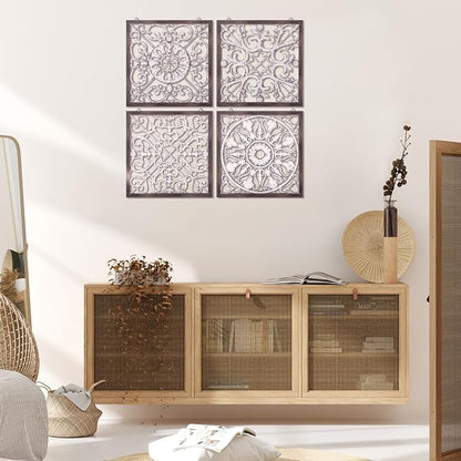 Tatuo 4 Pcs Wood Art Wall Decor Farmhouse Decorative Wood Panels Modern Wall Decor for Living Room Home Kitchen Dining Room(Square,Brown, White)