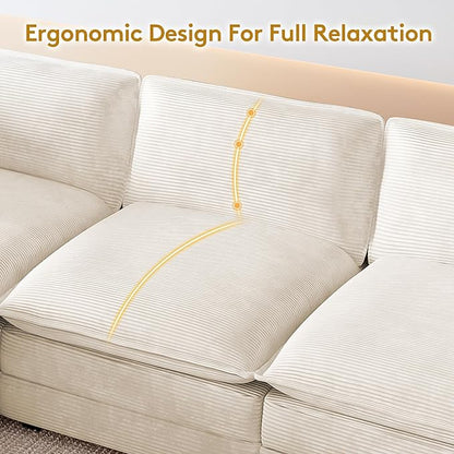 ROWHY 112'' Oversized Modular Sectional Cloud Couch with Movable Ottoman, 4 Seat Modern Corduroy Sofa, Deep Seat L Shaped Couch for Living Room Bedroom Apartment, Cream
