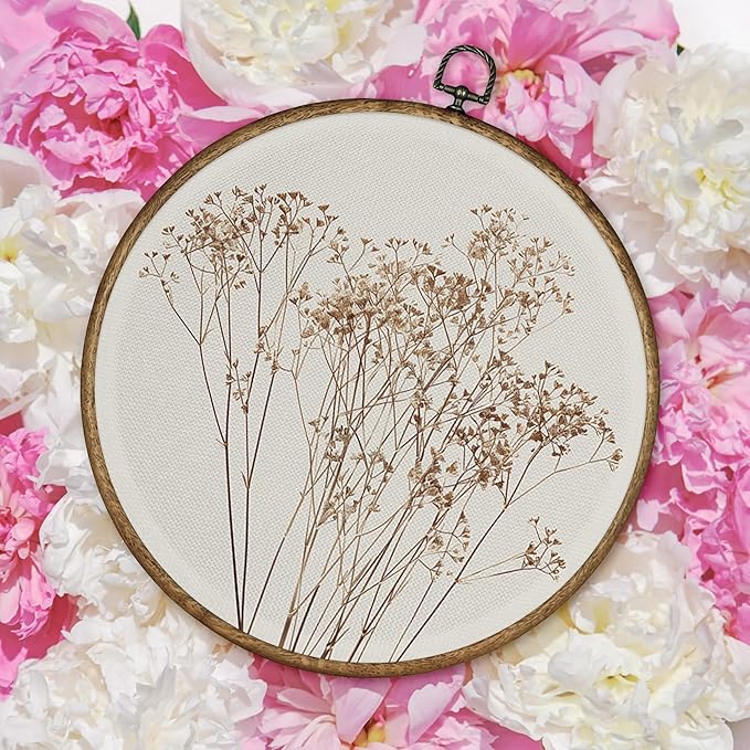 TLESKE Beige Fall Rustic Botanical Round Wall Art Decor, Autumn Boho Wildflower Floral Framed Canvas Prints Artwork, Neutral Vintage Wall Hanging Door Decor for Farmhouse Bedroom Living Room, Home Décor Products 10x10