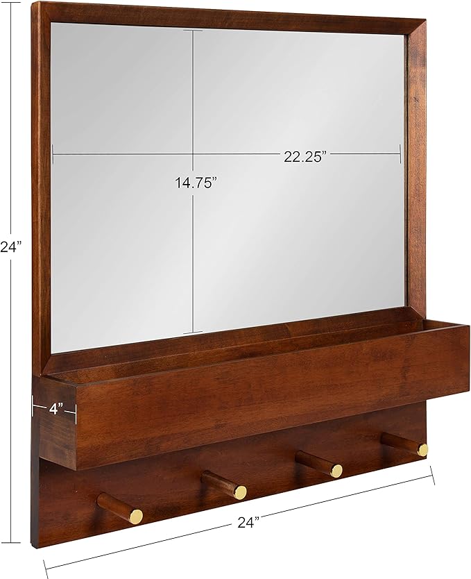 Kate and Laurel Hinter Mid-Century Framed Wall Mirror with Pocket Shelf, 24 x 24, Walnut Brown, Organizing Mail Holder and Wall Hooks
