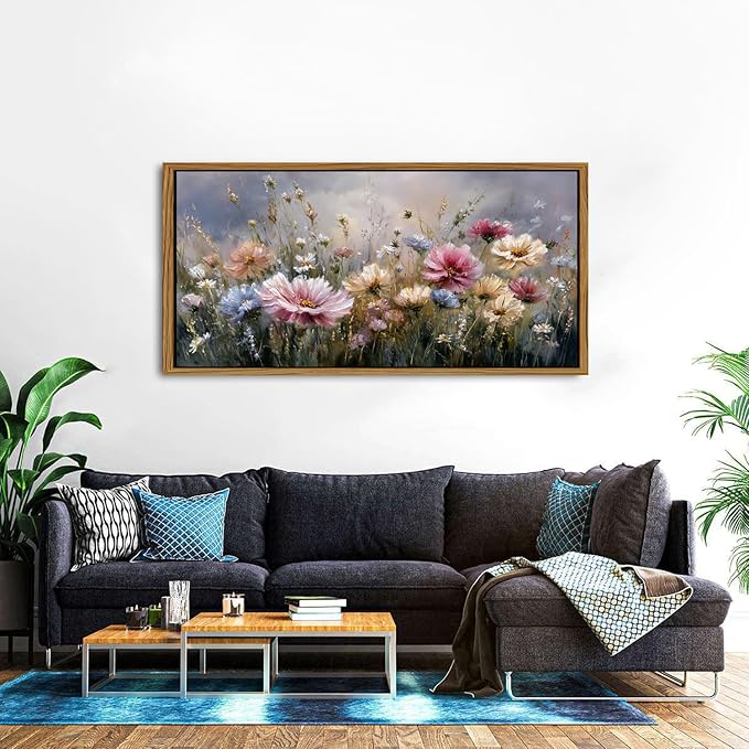 Colorful Pink Floral Wall Art Framed Bedroom Decor Abstract Nature Wildflower Picture Canvas Prints for Living Room Home Decorations, French Country Flower Painting Poster Farmhouse Artwork 30x57.8