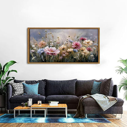 Colorful Pink Floral Wall Art Framed Bedroom Decor Abstract Nature Wildflower Picture Canvas Prints for Living Room Home Decorations, French Country Flower Painting Poster Farmhouse Artwork 30x57.8