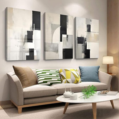 3Pcs Framed Neutral Abstract Canvas Wall Art Pictures Modern Minimalist Posters Prints Beige Black Brown Simple Wall Decoration for Living Room Bedroom Bathroom Office 16x24in