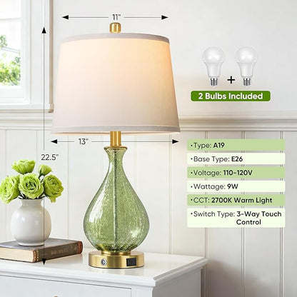QiMH Green Glass Table Lamps for Living Room, Bedside Lamps Set of 2 with USB A+C Charging Ports, 3 Way Dimmable Touch Lamps for Nightstand, 22.5" Modern Table Lamp for Bedroom, Gold(Bulb Included)