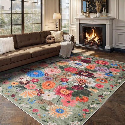 Green Area Rugs 9x12 Washable Non Slip Floral Low Pile Large Rug for Living Room, Bedroom, Farmhouse, Dining Room, Kids Playroom
