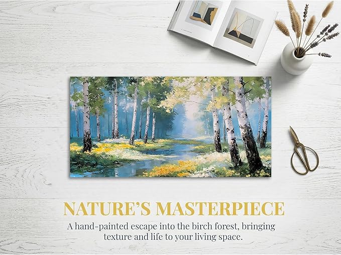 Ardemy Birch Forest Stream Canvas Wall Art, 40"x20" Hand-Painted Texture Landscape Painting with Wildflowers, Calming Nature Scenery for Living Room Bedroom Bathroom Home Office Decor