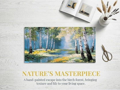 Ardemy Birch Forest Stream Canvas Wall Art, 40"x20" Hand-Painted Texture Landscape Painting with Wildflowers, Calming Nature Scenery for Living Room Bedroom Bathroom Home Office Decor