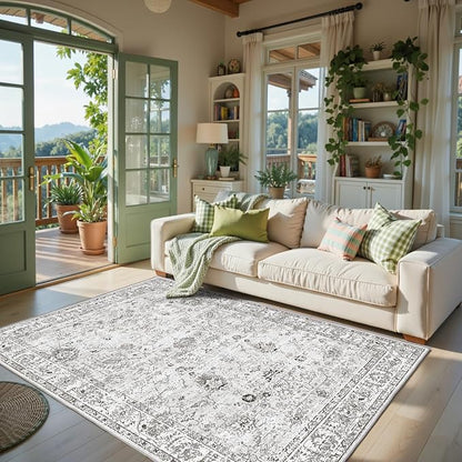 Area Rug 4x6 Grey Rug, Washable Boho Rugs Non Slip Low Pile Floral Small Carpet for Bedroom, Bedside, Kids Room, Office, Dining Room