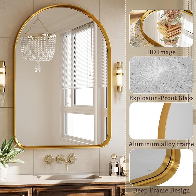 Arched Bathroom Mirror - 38x26 Inch Gold Bathroom Mirror for Wall - Aluminum Alloy Framed Mirror - Arched Top Bathroom Vanity Mirror for Living Room, Bedroom, Mantel, Entryway, and Hallways