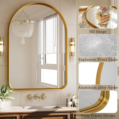 Arched Bathroom Mirror - 38x26 Inch Gold Bathroom Mirror for Wall - Aluminum Alloy Framed Mirror - Arched Top Bathroom Vanity Mirror for Living Room, Bedroom, Mantel, Entryway, and Hallways