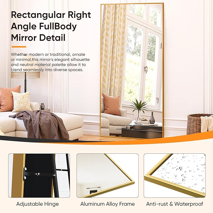 Suidia Full Length Mirror, 71"x28" Floor Standing Mirror Freestanding, Full Body Mirrors with Stand for Bedroom, Hanging Mounted for Living Room Cloakroom, Gold, Rectangular Style