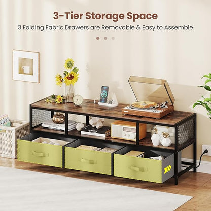 Tangkula Farmhouse TV Stand for TVs up to 65", 3-Tier Entertain Center with Power Outlets USB Charging, Media Console Table with Open Shelf & 3 Fabric Storage Drawers for Living Room (Rustic Brown)