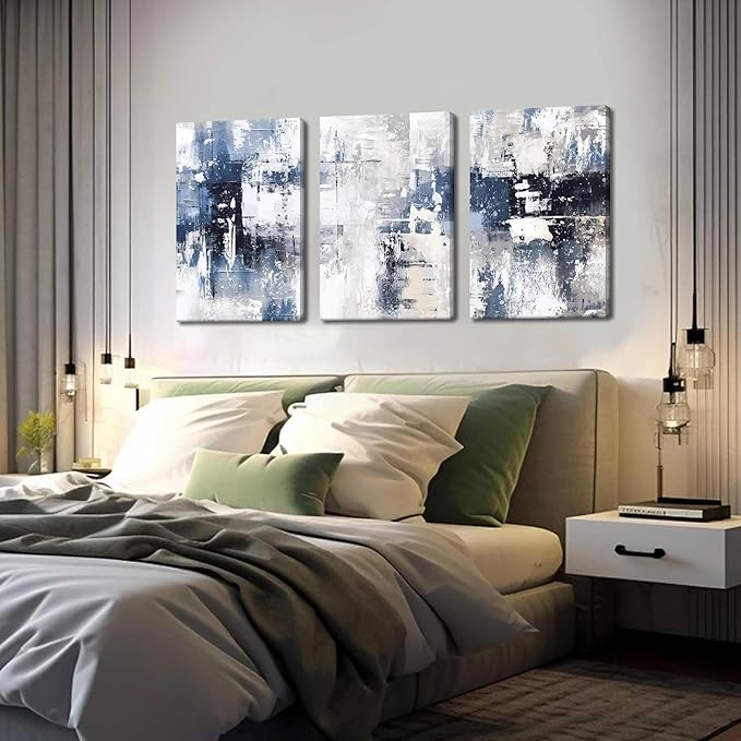 Abstract Blue and White Wall Art Set of 3, Modern Simple Navy Framed Canvas Prints Poster, Gray Painting Picture for Living Room, Bedroom, Office Wall Decor 16x24 Inch